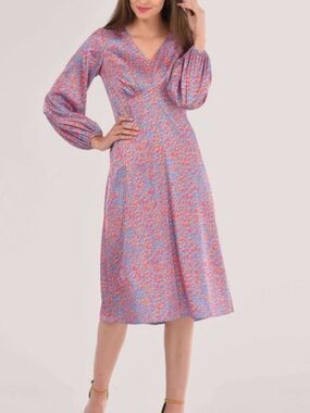 Closet London New Women’s Midi Dress V-Neck Long Sleeve Red Blue Abstract Print